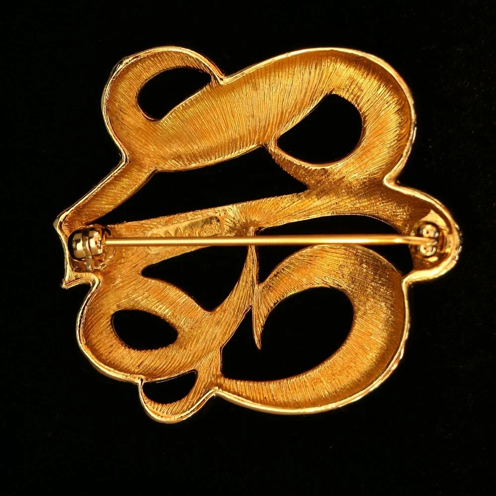 Monet Vintage Gold Tone Abstract Ribbon Brooch Pin Openwork Modernist Design